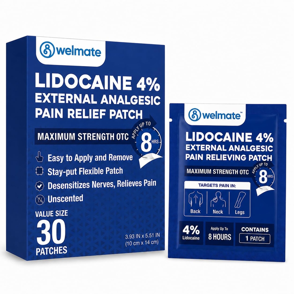 WELMAT - 4% lidokain Numbing obliž - največja moč - začasno lajšanje bolečine, hrbet, vrat, ramena, kolena, kolena, komolci, manjše kožne dražila - topična analgetična neoporečna - 30 ct