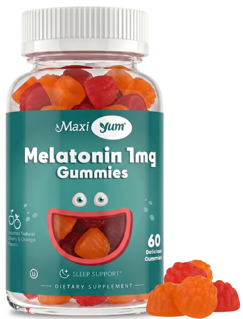 Maxi Health 1mg Melatonin Gumies – Otroci Melatonin Žvečilni žvečilni izdelki z naravno češnjo in pomarančno aromo – odrasli in Baby Sleep dodatek za podporo nemirnih noči (60 Count)