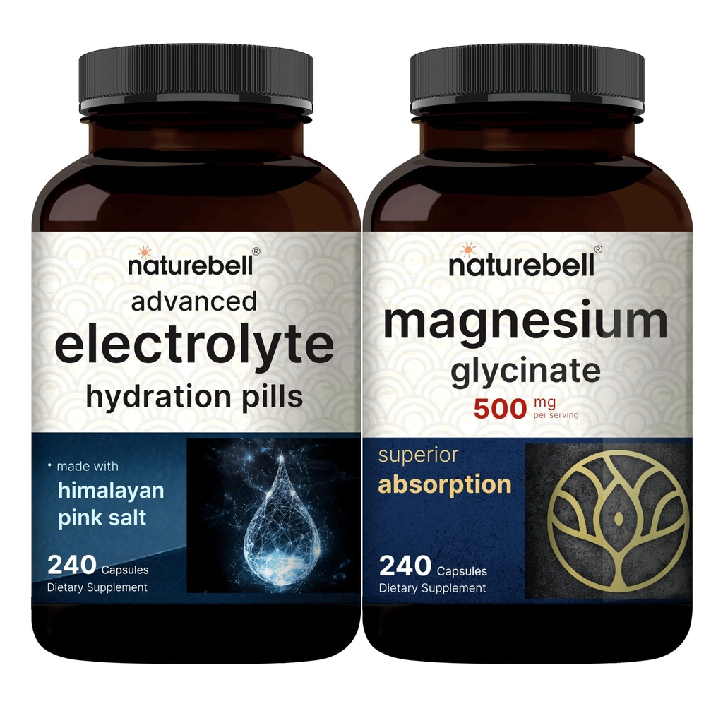 NatureBell Magnezij Glicinat Kapsule 500mg & Napredne tablete za elektrolitsko hidracijo paket 