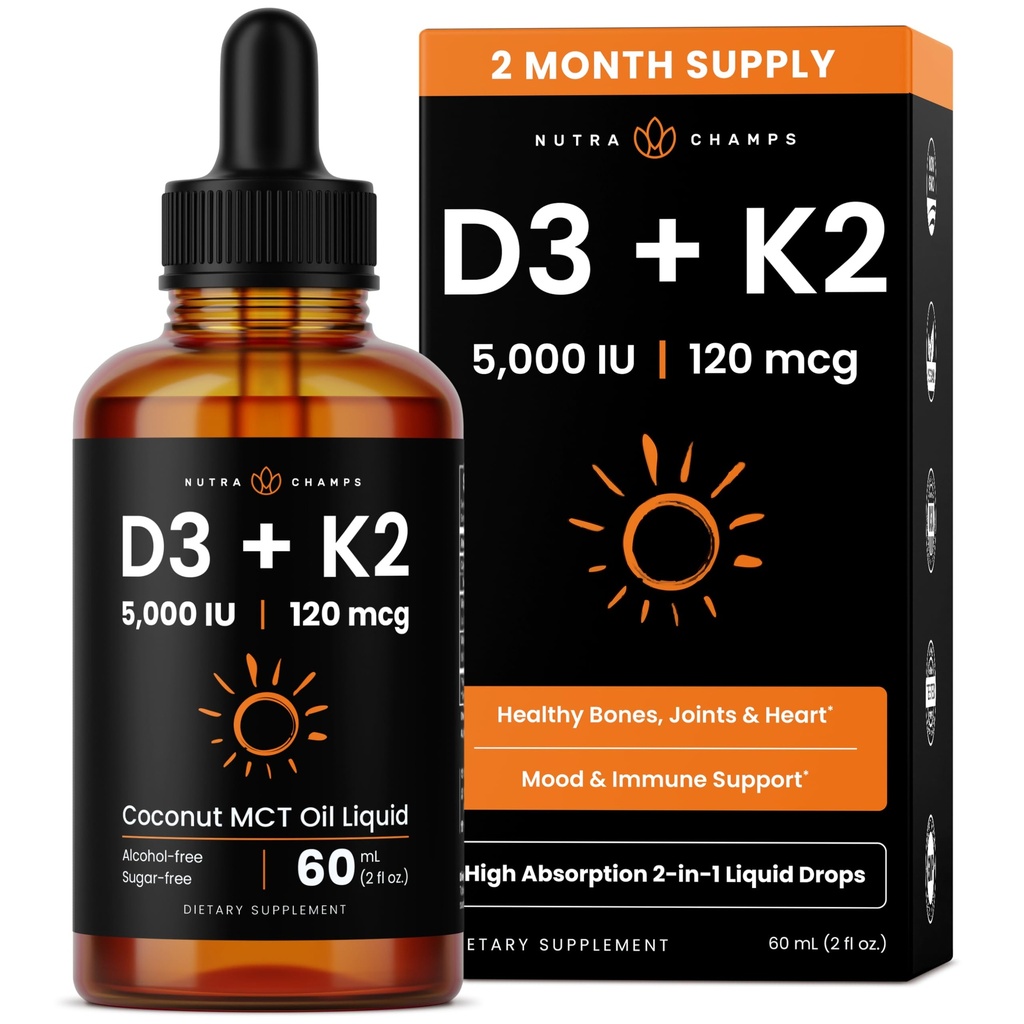 NutraChamps Vitamin D3 K2 Kapljice, Tekoči vitamin D3 5000 i.e. & K2 D3 z MK7, Kapljice vitamina D za otroke, kosti, zdravje srca in imunskega sistema, tekoči vitamin D v MCT olju za boljšo absorpcijo
