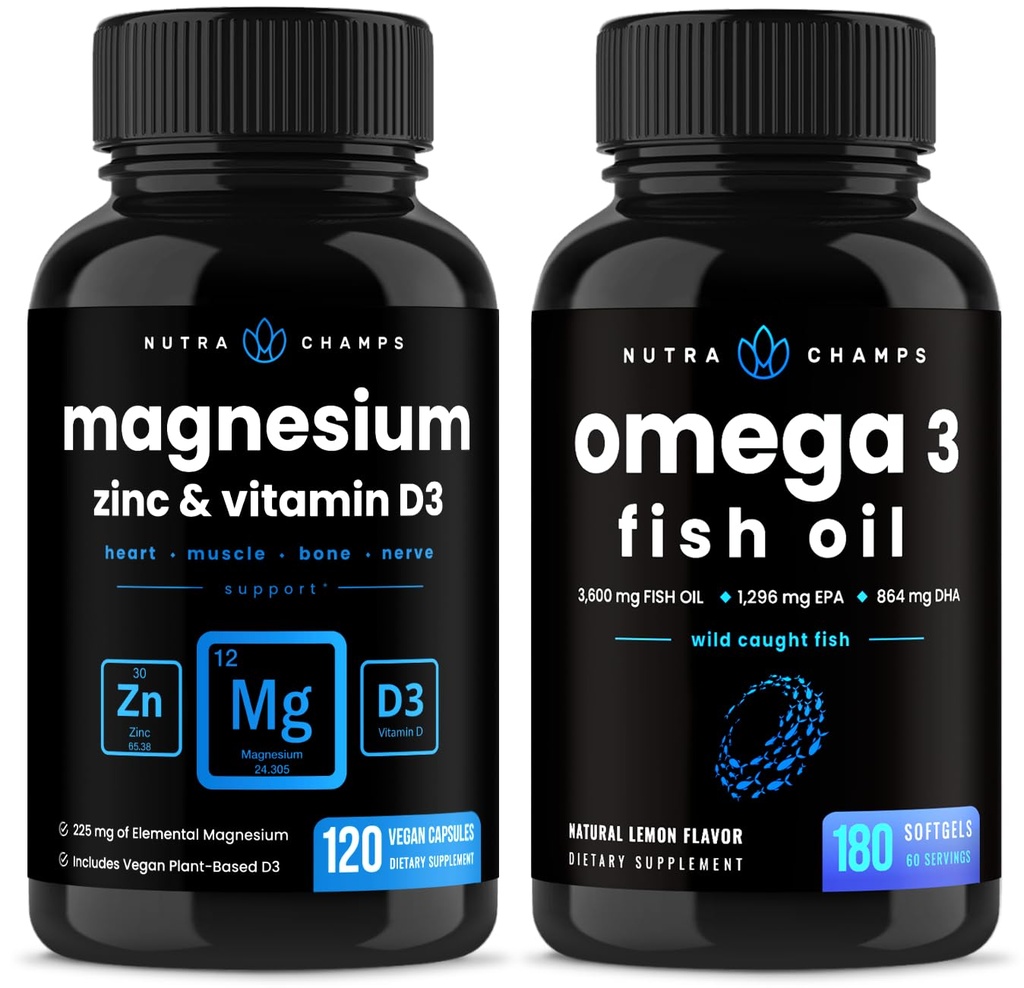 NutraChamps Magnezijev cink in vitamin D3 Kapsule in Omega 3 Kapsule ribjega olja 2 paket