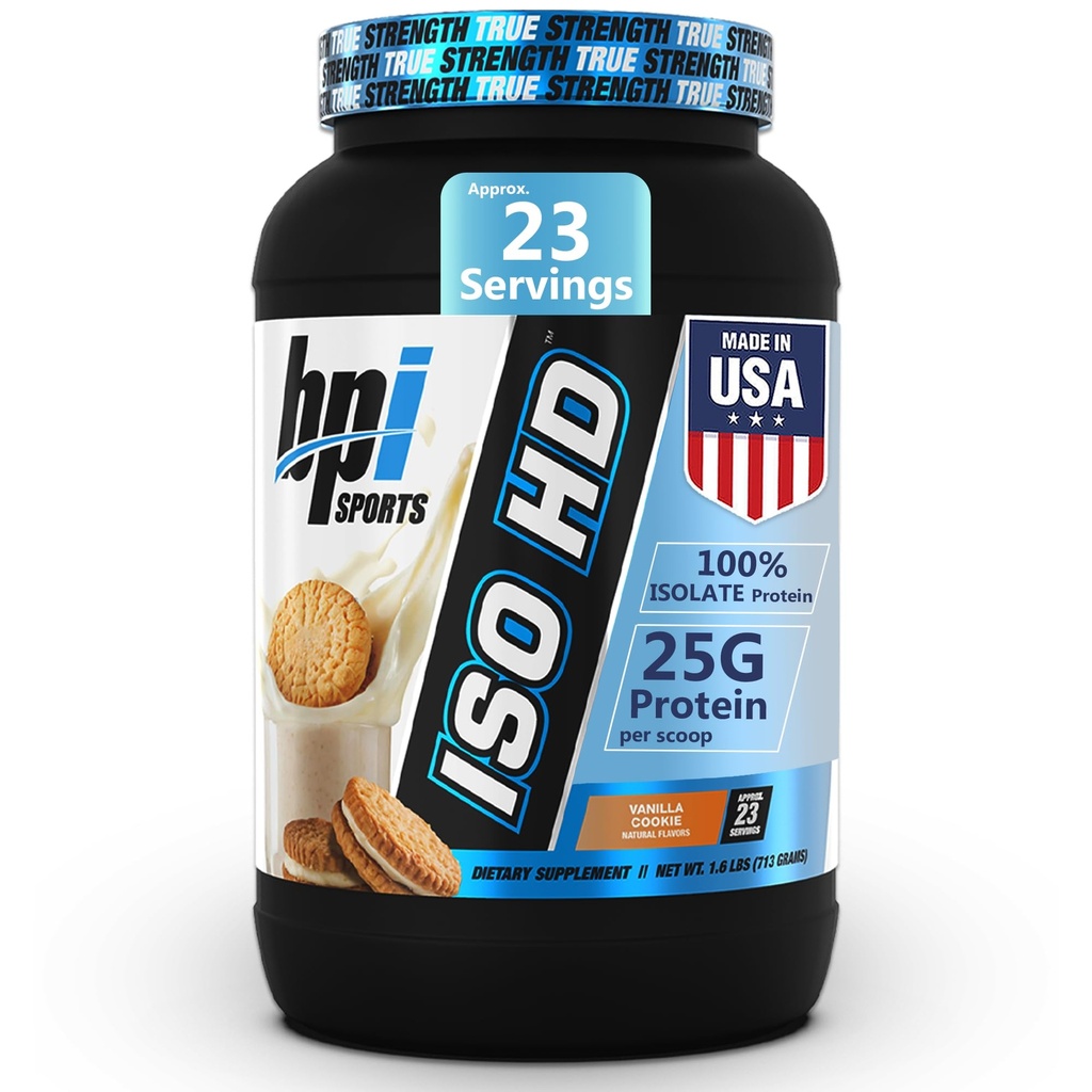 BPI Sports ISO HD Izolirni proteini v prahu – 100% sirotkini izolat, Beljakovinski prašek za mišice - piškotek vanilije - 1,6 Lb - 23 Servisi