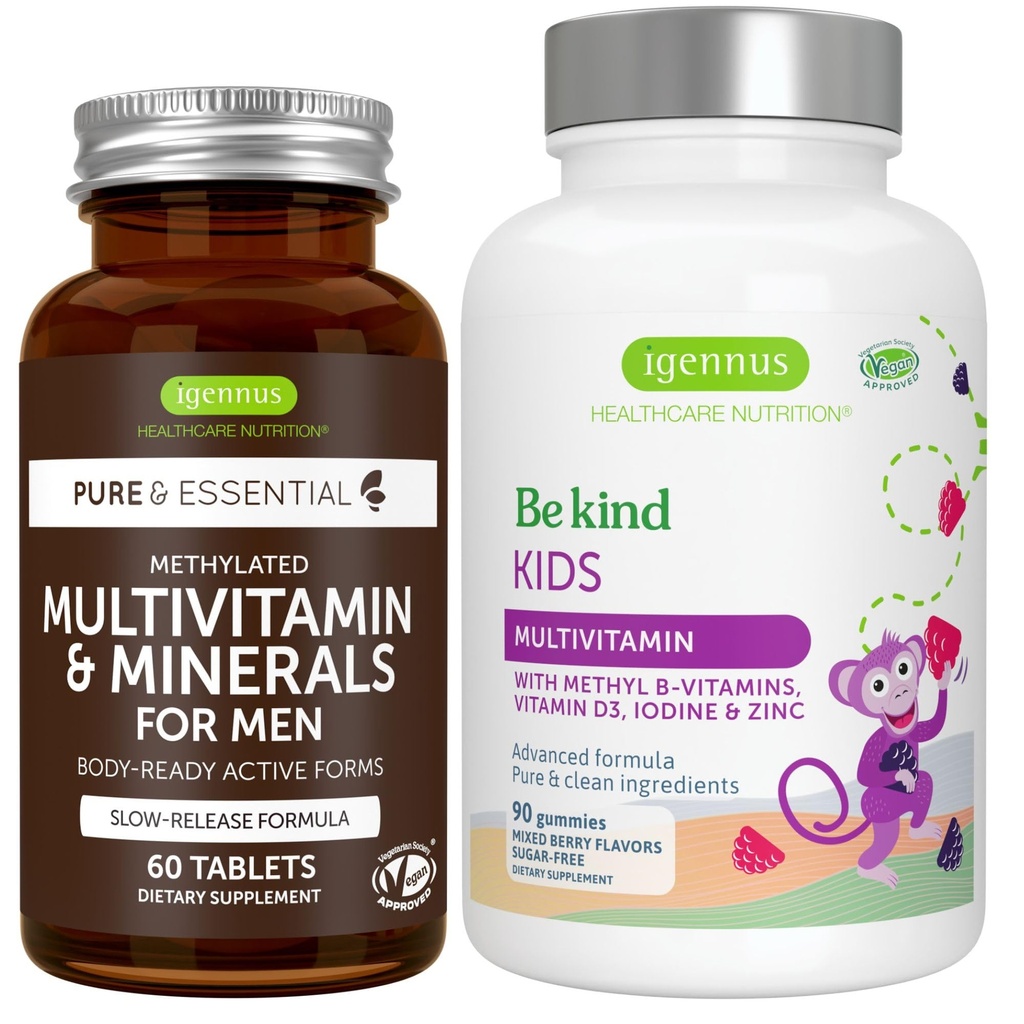 Multivitamine in minerali za moške + napredne otroke Multivitaminski gumi veganski paket, z metiliranimi B-vitamini, vitaminom A, C, D3 & E, čisto nalepko, 60 tablet + 90 Berry Flavor Gummies, by Igennus