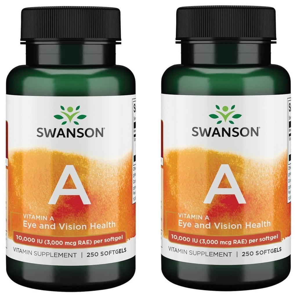 Swanson Vitamin A 10.000 i.e. (3.000 μg RAE) Naravno hranilo za kosti, zdravje kože, podpora vidu in delovanje imunskega sistema - visoka absorpcija Vitamin A 250 softgels (2 pakiranji)