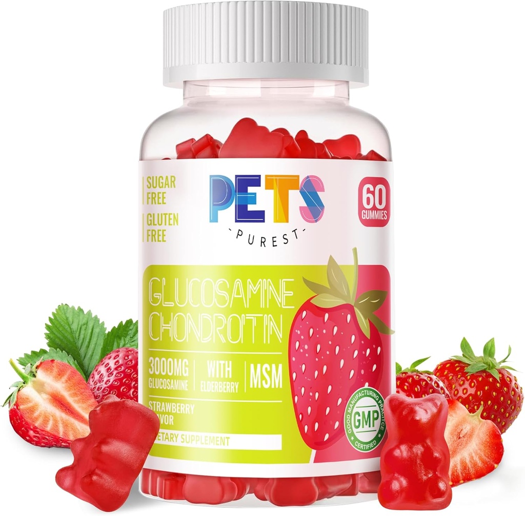 Hišni ljubljenčki Purest Glukozamin Chondroitin Gumies z MSM & Elderberry Extra Jakost - skupna podpora, Antioksidant Imunska podpora dodatek za odrasle, moške in ženske. Jagoda