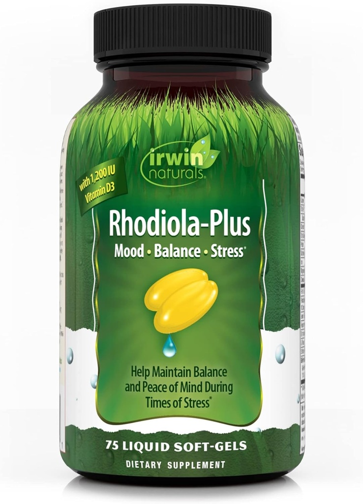 Irwin Naturals Rhodiola-Plus - 75 Liquid Soft-Gels - pomaga ohranjati ravnotežje in mir uma - z L-Theanin, vitamin D3 & magnezij - 25 Servinga