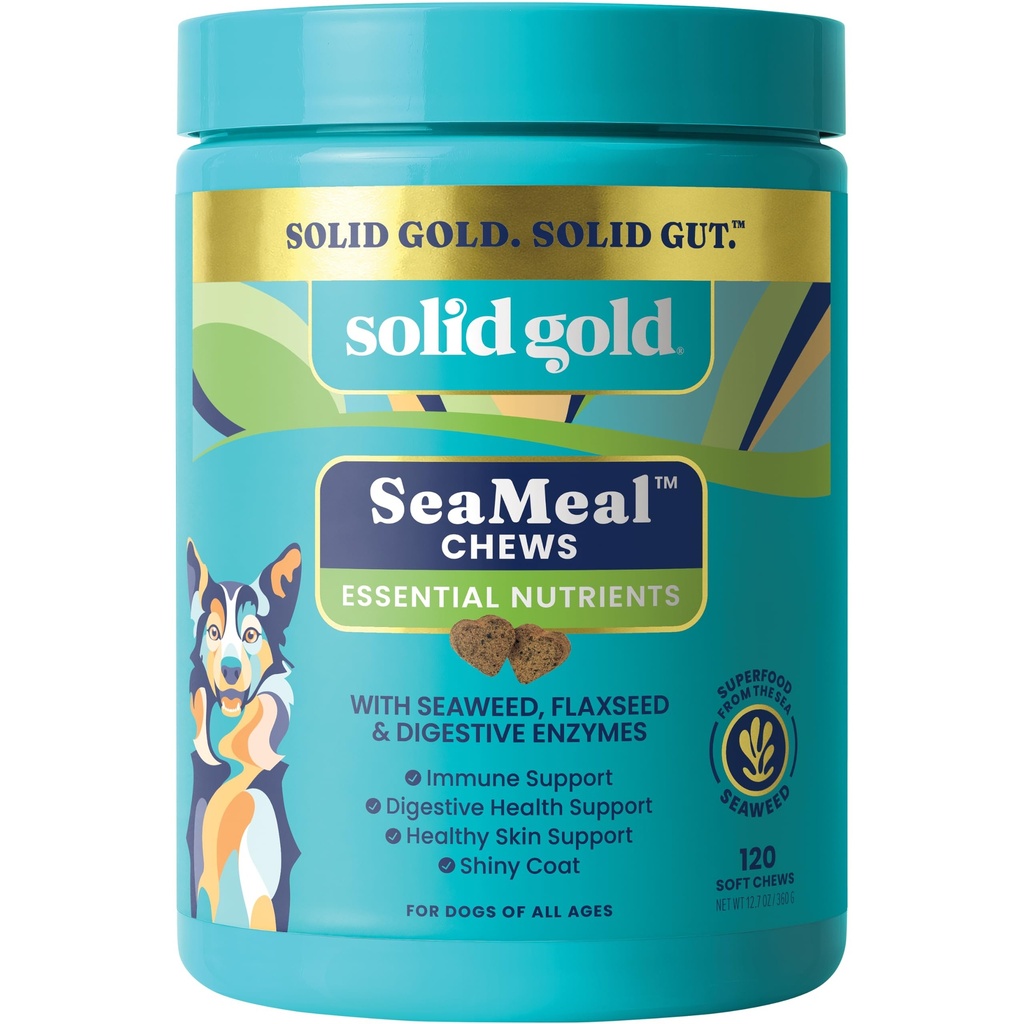 Solid Gold Cat & Dog Multivitaminski žveči - Kelp, Omega 3 & Vitamini za zobne, prebavne, imunske, kože in plašč zdravje - Multi Vitamin za pse in mačke - Sea Kelp na osnovi mehkega žvečenja za vse starosti - 120ct