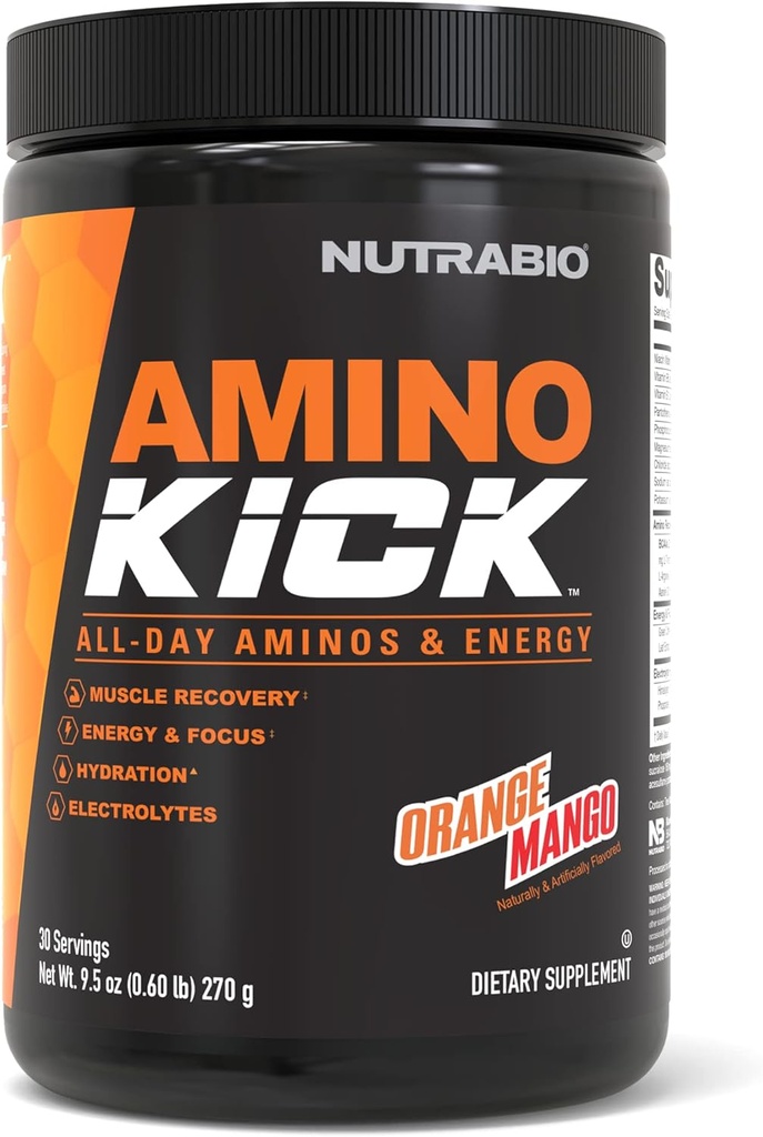 NutraBio Amino Kick – BCAA Powder z naravnim kofeinom – Aminokisline dopolnilo za energijo, hidracijo in regeneracijo – BCAA, Elektroliti in aminokisline – Orange Mango, 30 Serving