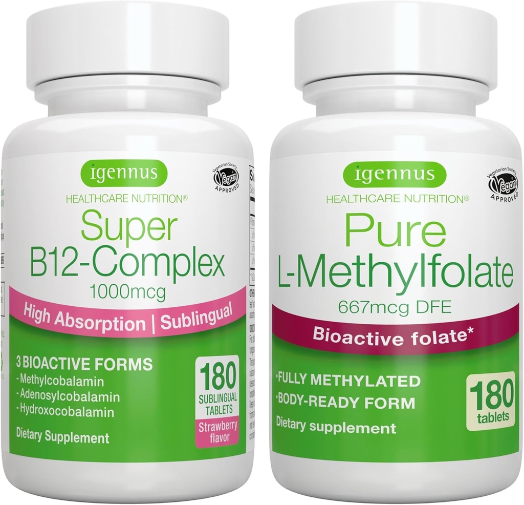 Super B12-Complex 1000mcg + Čisti Folat 400mcg Vegan Bundle, visoka absorpcija Podjezični vitamin B12 z metilkobalaminom, Adenosylkobalamin & Hidroksokobalamin + Optimiziran L-metilfolat, ki ga Igennus