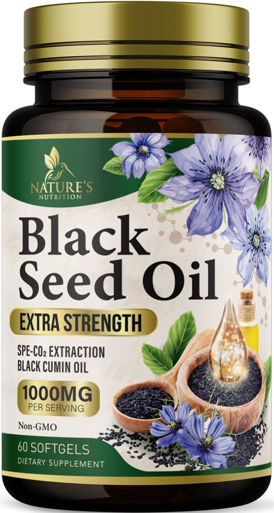 Black Seed Oil Softgels 1000mg - Premium Nigella Sativa Blackseed, Pure Natural Black Cumin Seme Oil & Antioksidant za podporo kože in imunskega sistema - Non GSO, Ustekleničen v ZDA dodatek - 60 Softgels