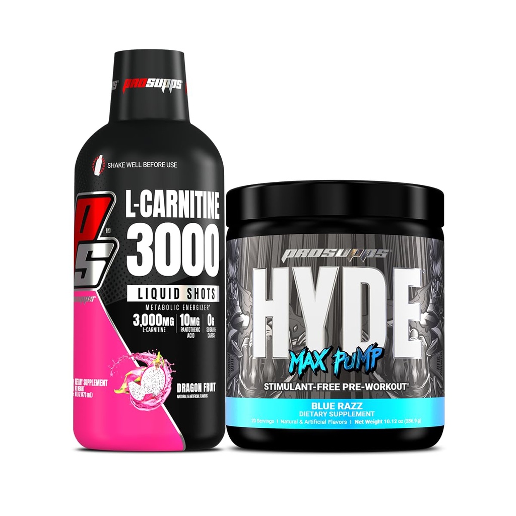 PROSUPPS L-karnitin 3000 brez stimulantnih tekočinskih strelov (31 strežb, zmajevega sadja) in Hyde Max Črpalka Pred vadbo za moške in ženske (20 strežb, modri Razz)