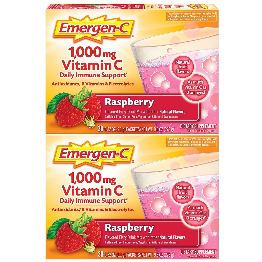 Emergen-C 1000mg Vitamin C Powder, z antioksidanti, B Vitamini in elektroliti, Vitamin C Dodatki za imuno podporo, Kofein brez pijače Mix, Raspberry Flavor - 60 Count/2 Mesec dobave