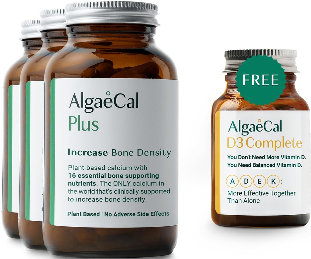 ALGAECAL Plus Bundle - Free 4-in-1 Vitamin D3 Popolni in rdeči kalcij alg s 16 kostnimi hranili, klinično podprto za povečanje gostote kosti in povečanje imunskega sistema