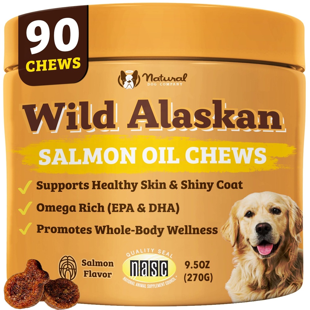 Natural Dog Company Wild Alaskan Salmon Chews for Dogs – Fish Oil Supplement with EPA & DHA for Itchy Skin, Coat, Brain, Joints & Immune Health, Daily Omega-3 Chews, 90 Count