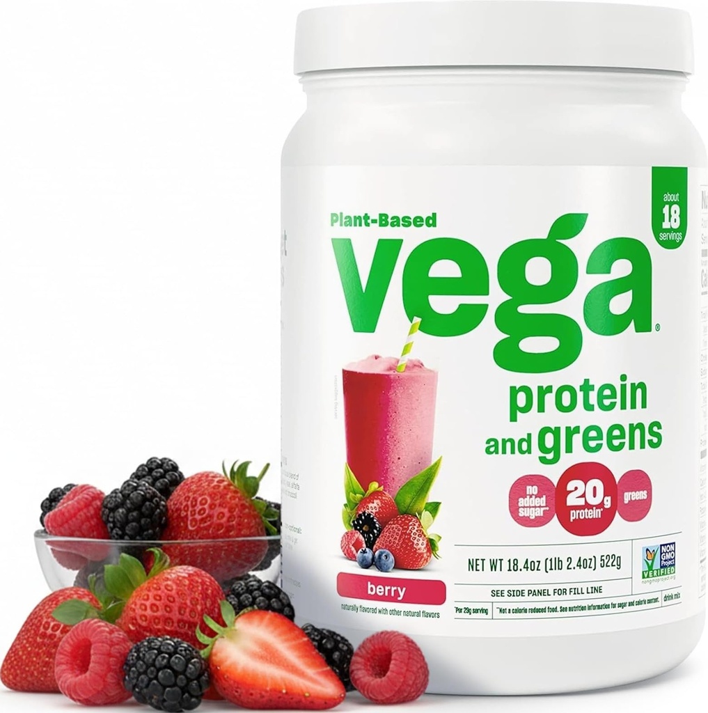 Vega proteini in zeleni proteini v prahu, Berry - 20g Rastlinski proteini Plus vegetarijanci, Vegani, ne GSO, Pea proteini za ženske in moške, 1,2 lb (Packageing May Vary)