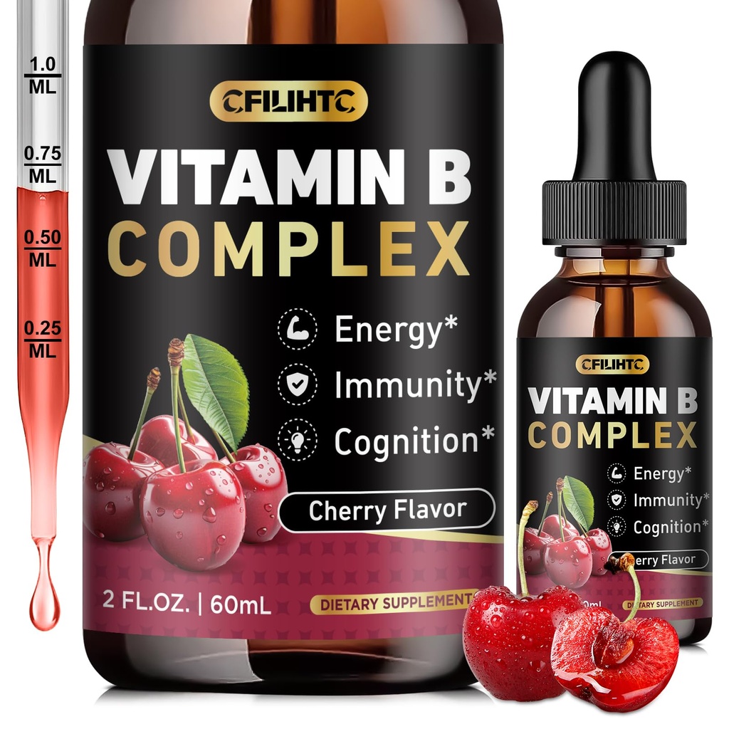 Vitamin B kompleksne tekoče kapljice, B vitamini kompleks dodatek z B1, B2, B3, B5 B6, B7, B9 in metil B12 kapljice za odrasle in otroke, Vegan, Cherry Flavor