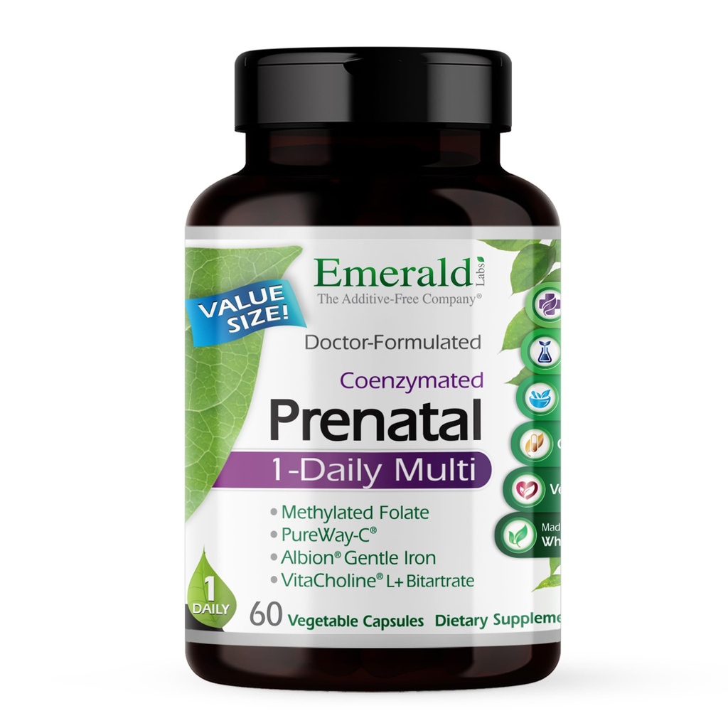 EMERALD LABS PRENATAL 1-Dnevno multivitamin z metiliranim folatom, železom, polnozrnato mešanico in več - brez soje, brez glutena - 60 zelenjavnih kapsul