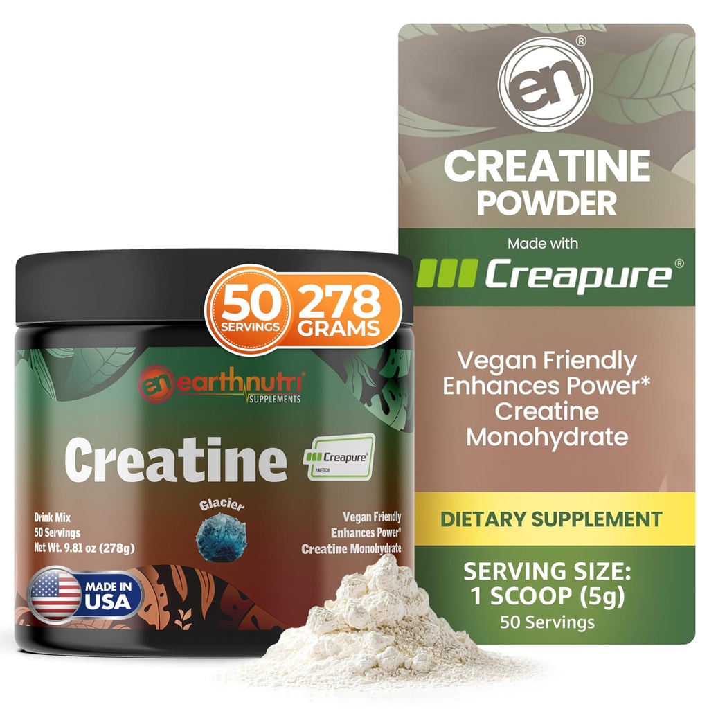 EarthNutri Kreatin monohidrat v prahu - Pure Creatin dodatek za mišično moč, moč in zmogljivost - Ne-GMO, brez sladkorja, brez dodatkov – za moške in ženske, aromatiziran 250g