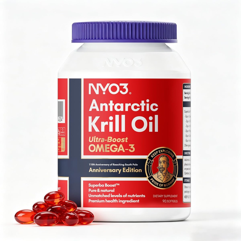 NYO3 Krill Oil Omega 3 dodatek 1000mg 90 Softgels EPA & DHA, Pure Antarktika Krill Oil z Astaksantin in 56% Fosfolipids Laboratorij Tested