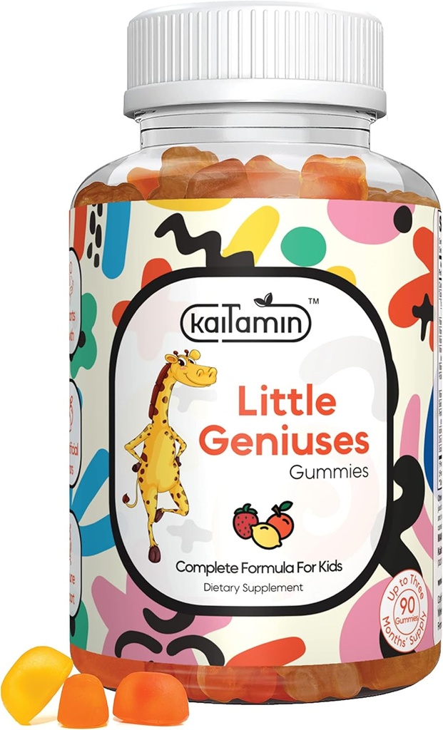 Otroci Multivitaminski Gumiji Mali Geniji : Vitamini C, D3, Cink, Folat, za imuniteto, Inteligenca, Fokus, in rast. Veganska, ne-GMO, organska, brez glutena 90 Gummies 3 mesecev dobave