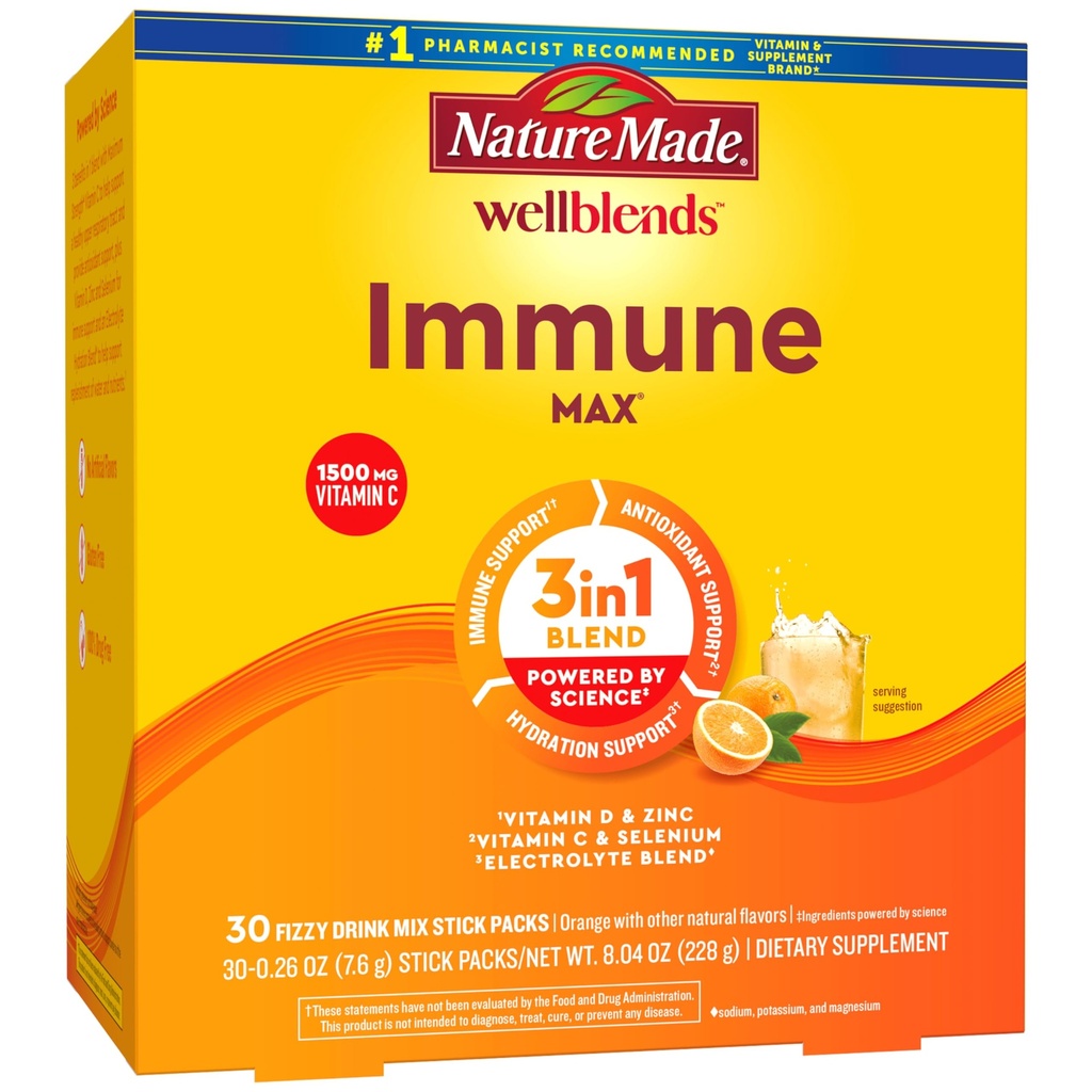 Narava Made Wells ImmuneMAX Fizzy Drink Mix, Vitamin C 1500mg, Cink 15 mg, Vitamin D3 1000 i.e. (25 mcg), plus B Vitamini in elektroliti Hidracijska mešanica, 30 Pakiranja