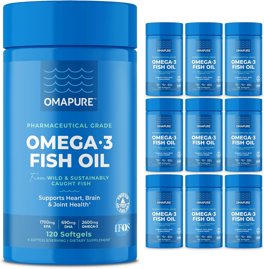 OMAPURE Wild Caught Omega-3 dodatki z visoko EPA & DHA (10 steklenice, 120 softgels) - Burpless Formula podpira srce in skupno zdravje, spodbuja delovanje možganov