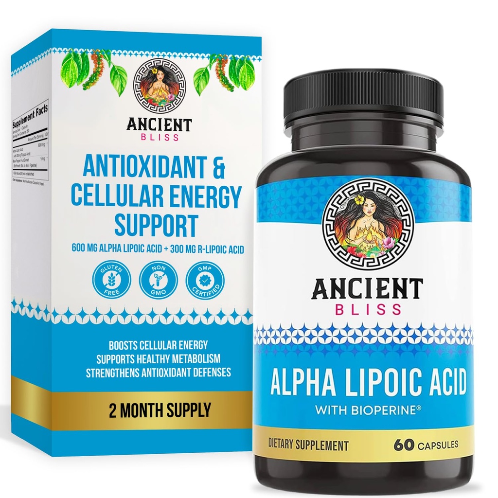 Antična Bliss Alpha lipoična kislina dodatek, antioksidant in energijska podpora, ALA dodatek z bioperinom, brez gluten in soja, 600mg na serviranje, 60 Veganske kapsule