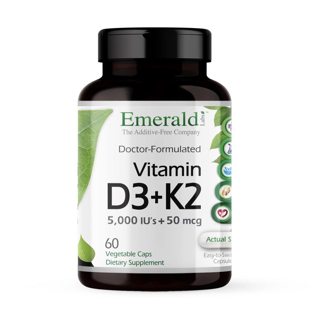 EMERALD LABS Vitamin D3+K2 - Vitamin D & VitalDelta MK-7 za zdravje kosti in podporo srcu* - vegetarijanska, brez glutena, klinična potenca - 60 rastlinskih kapsul