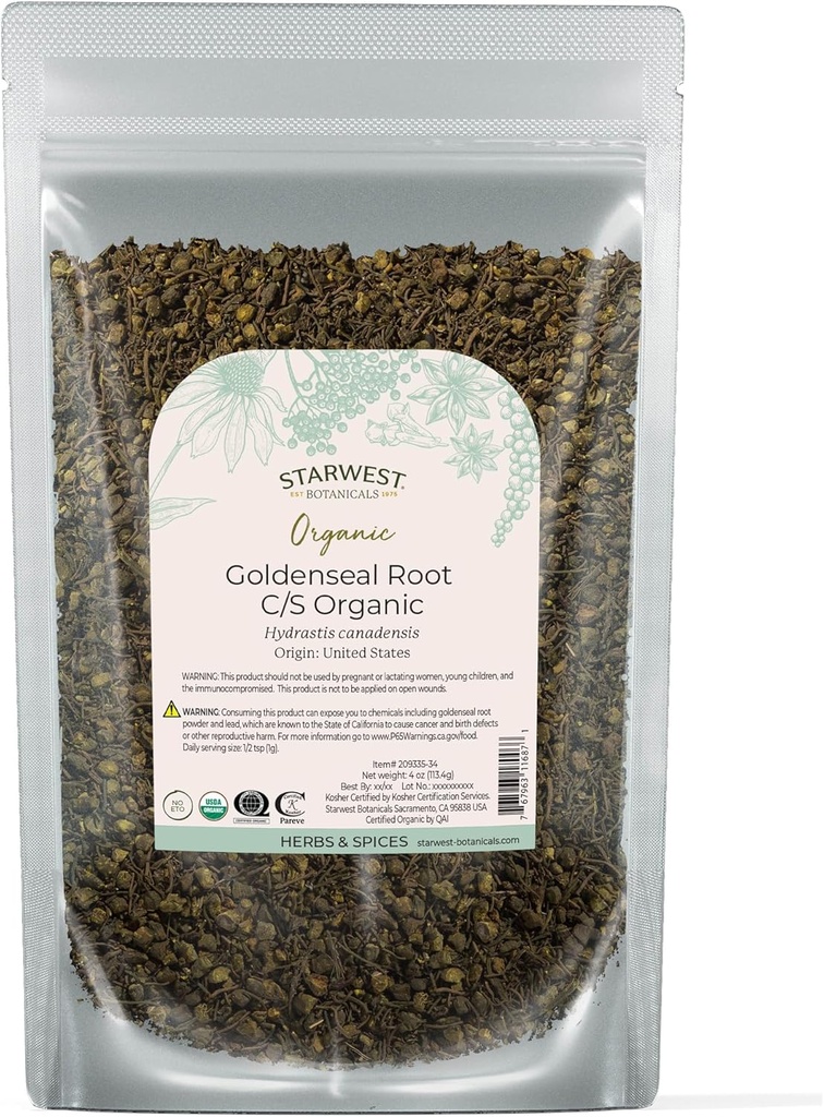 Starwest Botanicals Organic Goldenseal Root - Posušen loose list Herb za čaj, zeliščne mešanice, & Kuhanje, Pure & Natural Hydrastis Canadensis, Cut & Sifted, Certified Kosher, Non-GMO - 4 oz Pouch