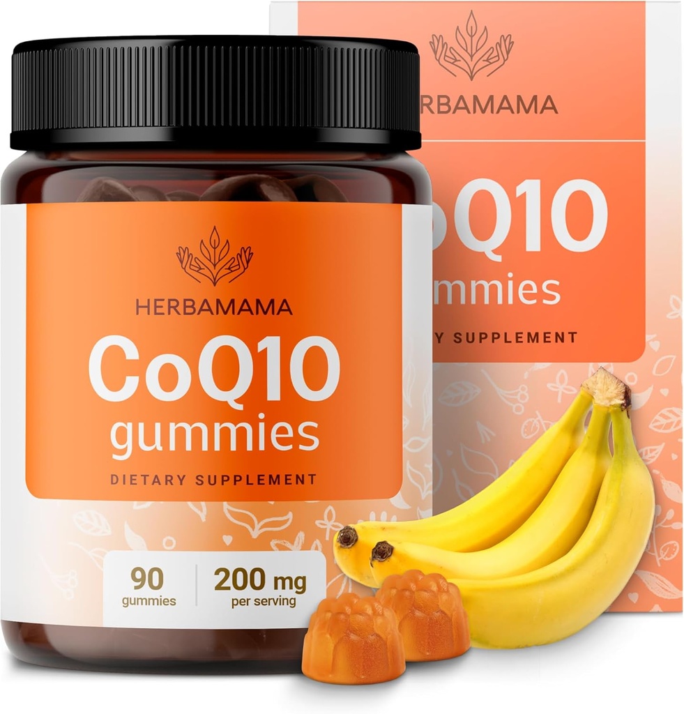 HERBAMAMA CoQ10 Gumies - 200mg koencim Q10 za antioksidant podporo - Vegan, Non-GMO Daily Energy Supplement - 90 Pektin-Banana-Flavored Chews