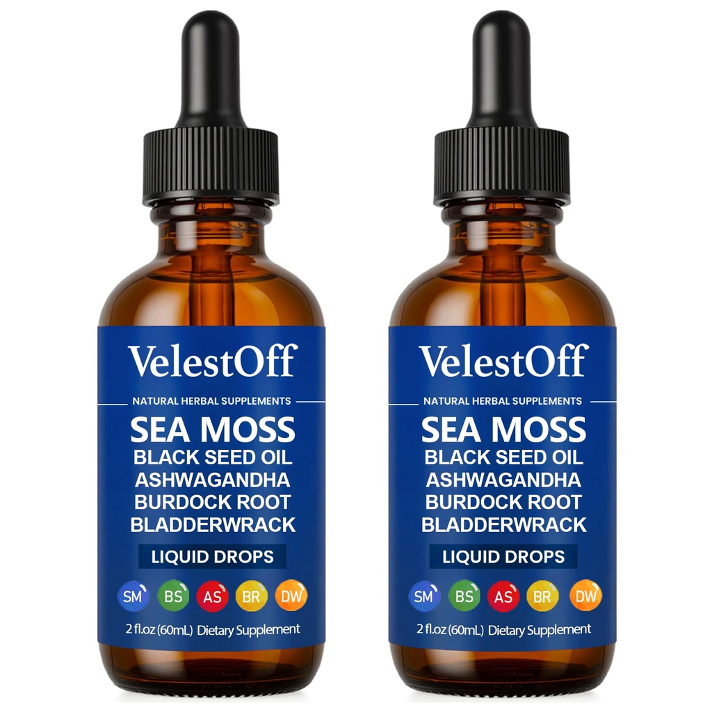 Irish Seamoss Thyroid Hormone Regulator, Velestoff Thyroid Support Drops | Sea Moss, Black Seed Oil, Ashwagandha, Burdock Root, Bladderwrack, Hormone Balance & Support - 2 FL.OZ (2 Pcs)