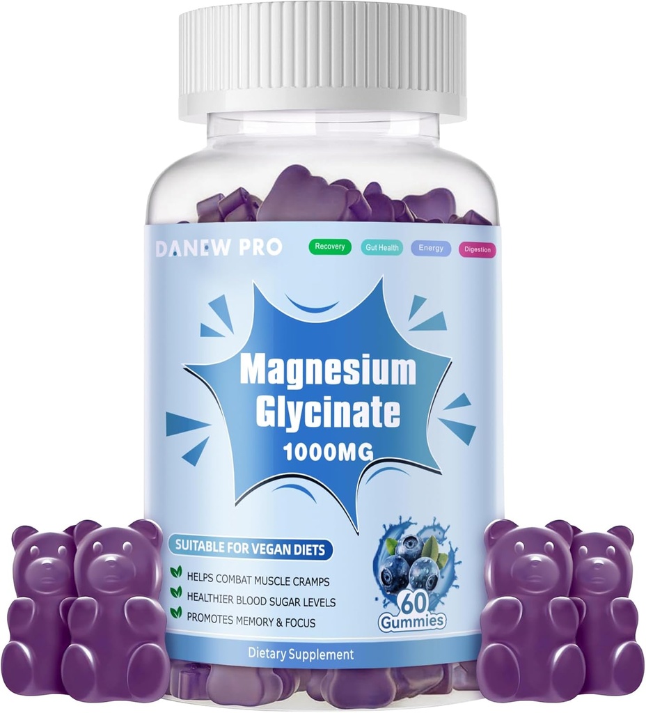 Magnezij Glicinat Gumies 1000mg - Brez sladkorja Magnezij Kalij dodatek z vitaminom D, B6, CoQ10 za mirno Mood in podporo za spanje - 60 borovnic