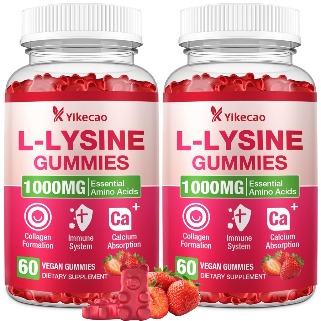 2 Pack L-Lysine 1000mg Gummies, Chewable Lysine Supplement for Lips & Skin, Immune Support, Essential Amino Acid, Vegan, Gluten Free, Sugar-Free, Strawberry Flavor, 120 Count