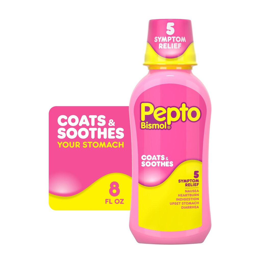 Pepto Bismol Liquid, Upset Stomach Relief, Nausea Relief, Heartburn Relief, Indigestion Relief, Anti Diarrhea Medication for Adults - 5 Symptom Fast Relief, 8 oz (Packaging May Vary)