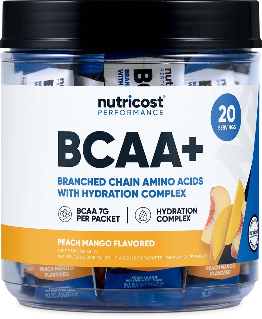 Nutricost BCAA+ Hidracija Peach Mango Flavor (20 Stickpacks) - razvejane verige aminokislin s hidracijskim kompleksom - Gluten-free, Non-GMO