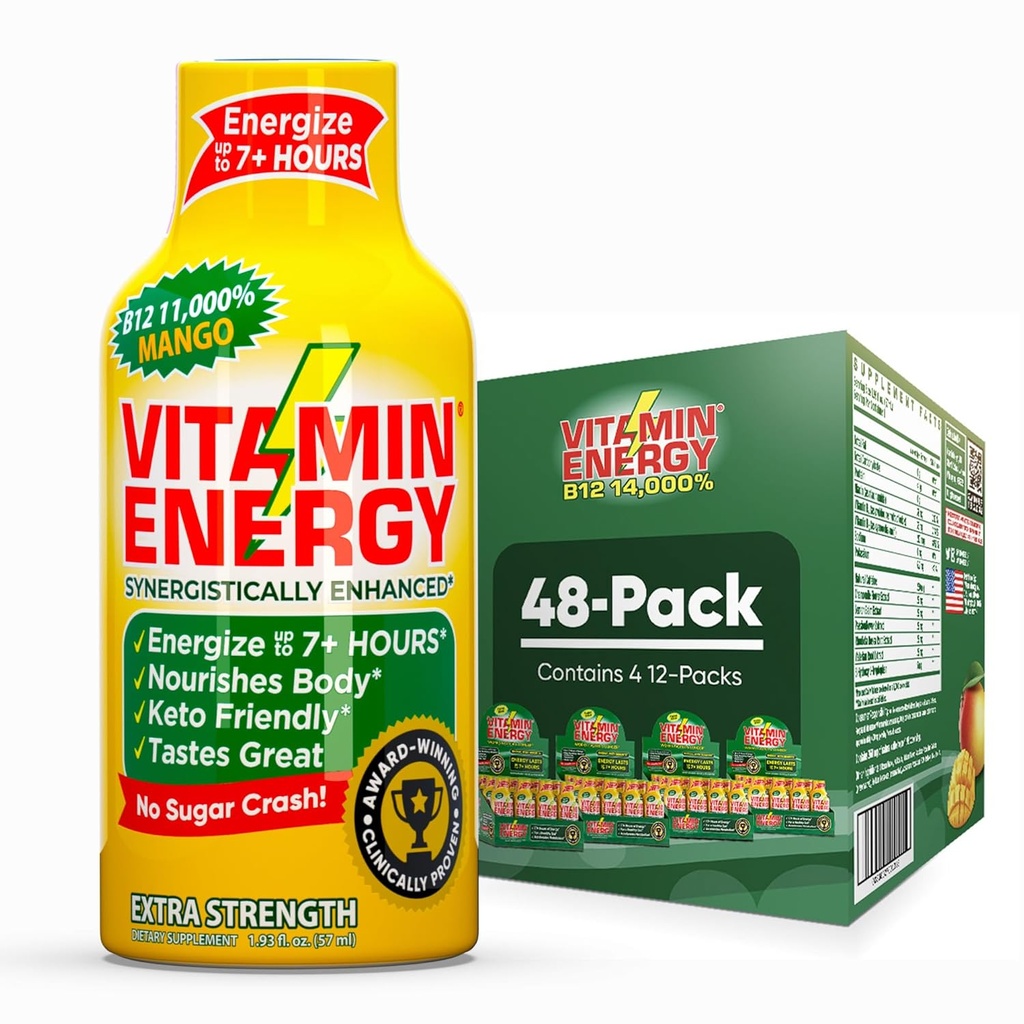 Vitamin Energija B12 11.000% Ekstra Energija Shot Mango 48 Pack, 260mg Naravni kofein, B12 & B6, Nootropni fokus, Vitalnost, Zero Sugar, Gluten-free, Vegan, Košir, 1,93 fl oz