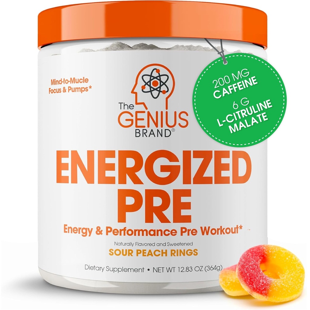 Genius Energized Pre Workout Powder – Kofein Infundirani pred-workout Booster dodatek z Beta Alanine & Alpha GPC, Brez umetnih sladil ali barv - 200mg Caffeine, 20 Serving, Sour Breach obroči