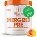 Genius Energized Pre Workout Powder – Kofein Infundirani pred-workout Booster dodatek z Beta Alanine & Alpha GPC, Brez umetnih sladil ali barv - 200mg Caffeine, 20 Serving, Sour Breach obroči