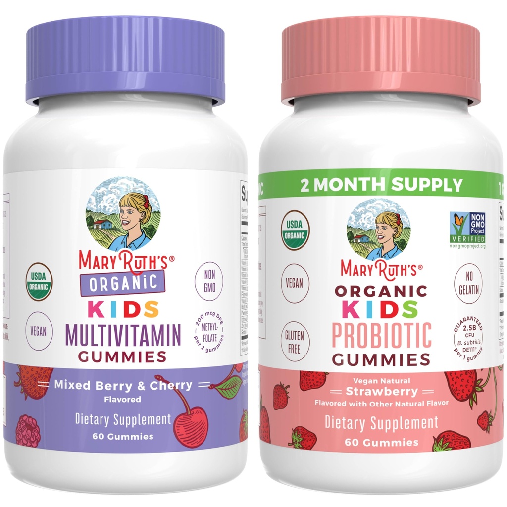 MaryRuth Organics Gumies for Kids–Multivitamin (Mexed Berry & Cherry), & Probiotic (Strawberry)  