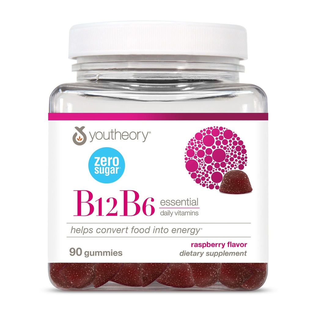 Youtheory B12B6 Zero Sugar Gummy, Raspberry Flavor, 90 Vegetarian Gummies