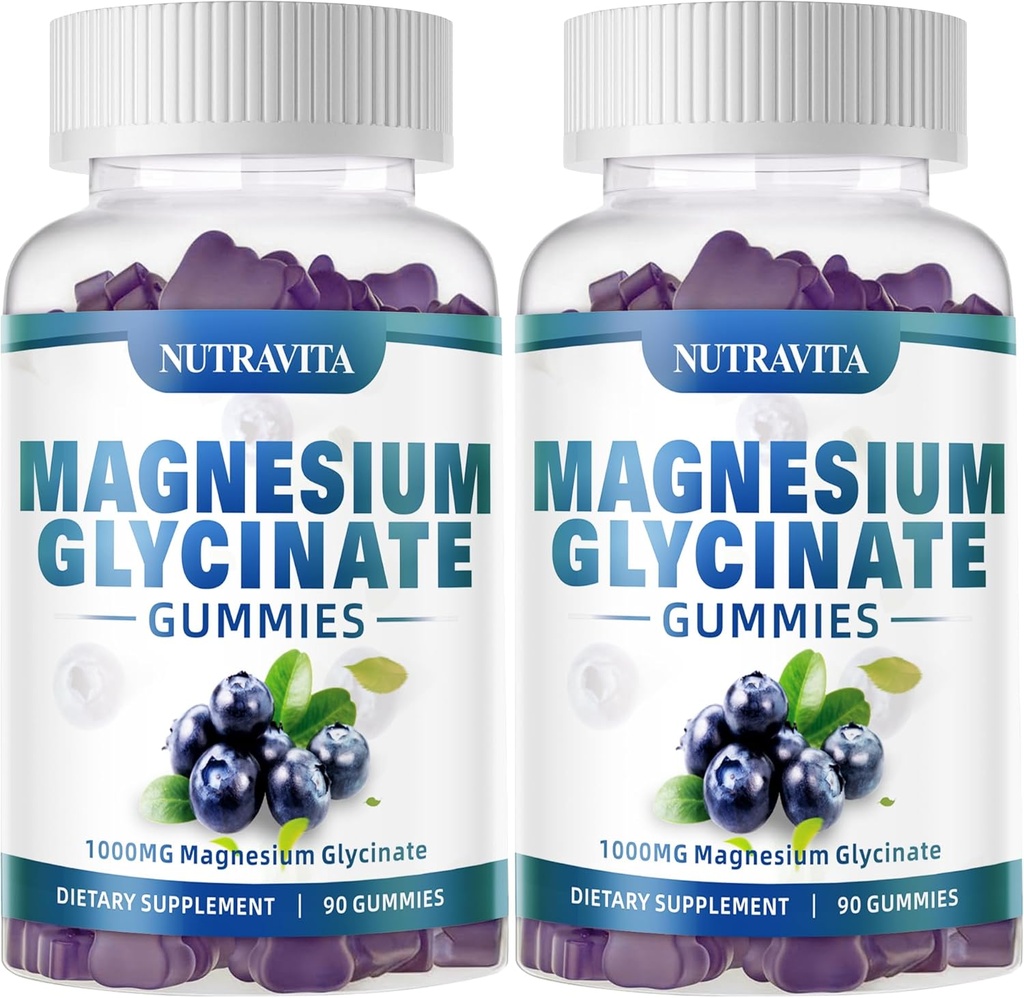 Magnezij Glycinate Gumies 1000mg z magnezijevim L-treonatom,Cheliran magnezijev kalijev kompleks dodatek z VitD, B6, CoQ10, kalcij,Podpora za spomin, mirno, Mood - 180 Gummies borovnice