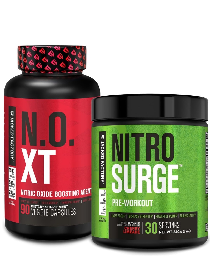 Jacked Factory Pre Workout Stack - N.O XT Nitrični oksid Booster & NITROSURGE Visokoenergijsko predworkout gorivo