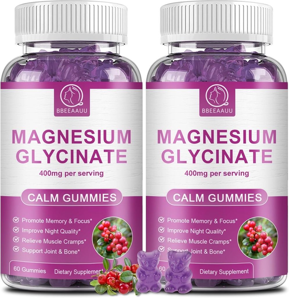 Magnezij Glycinate Gumies 400 mg, visoka absorpcija Magnezijev Glicinat dodatek s kalijem, kalcij, vitamin D, B6 & CoQ10 za noč, podpora mišic Cranberry Flavor 60 Število (2 pakiranji)