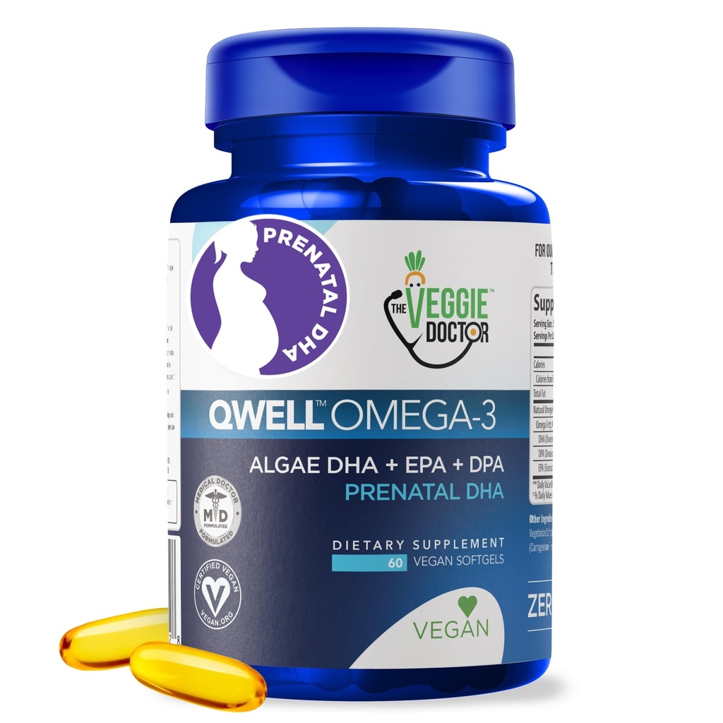 Veganski prednatalni vitamini z DHA (60 Count) Omega-3 - Qwell boljše od ribjega olja, funkcija možganov - 820 Mg Algae DHA & EPA, Veganski prednatalni vitamini z vitaminom E, Carragenan-free