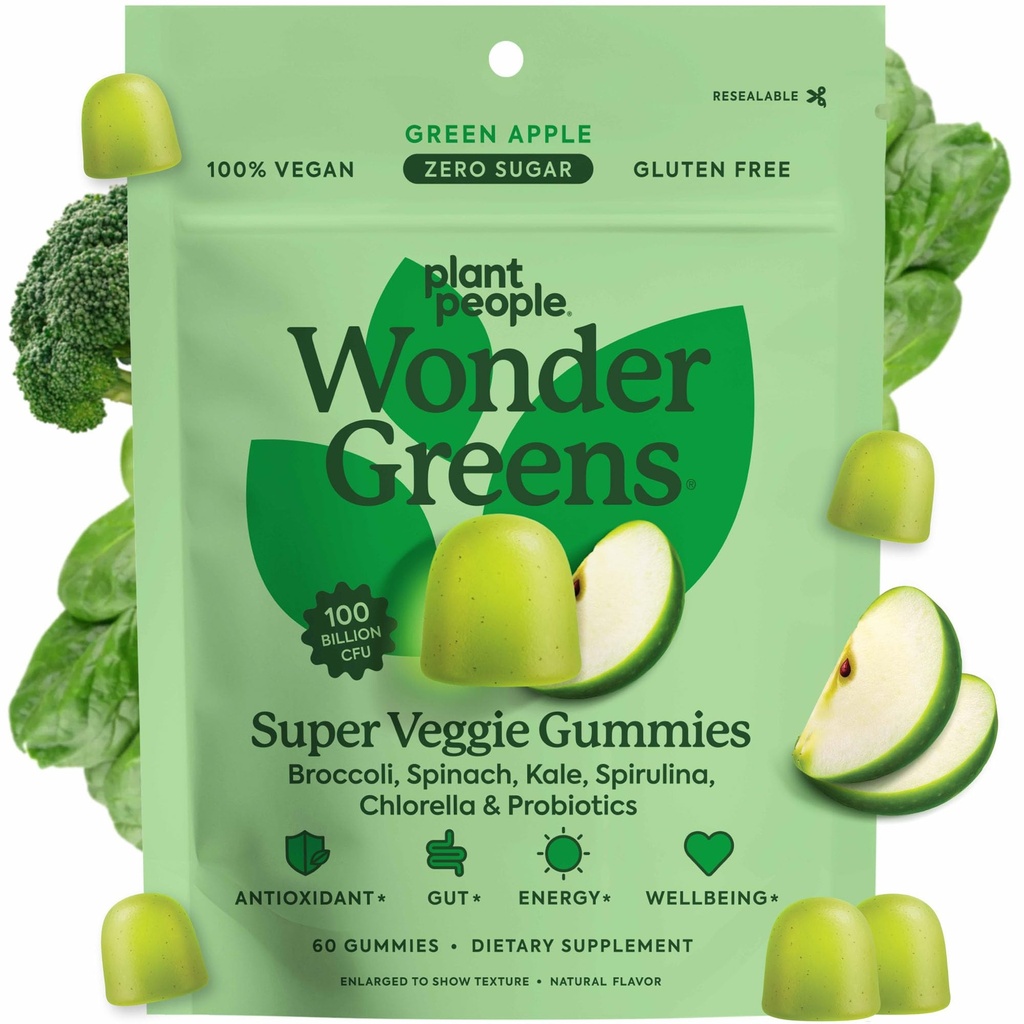 Rastlinski ljudje WonderGreens Veggie Gummies Super Greens s probiotiki Multivitaminska podpora Gummy za dobro počutje, energijo, Imunski in Gut Health, Zelena Apple Flavor (60 Count)