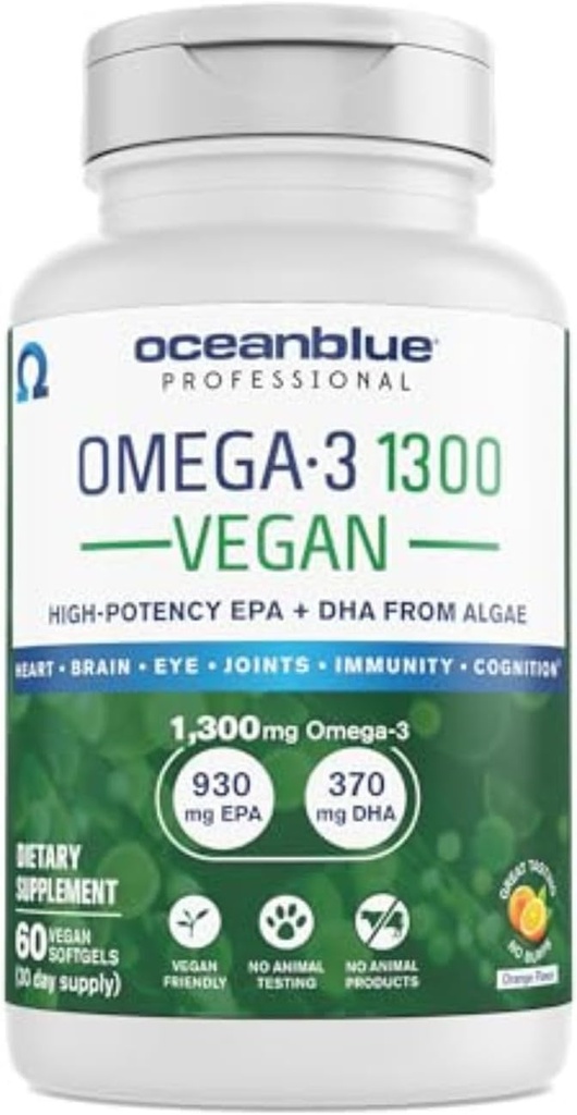 Oceanblue Professional Vegan Omega 3 1300-60 Count - Rastlinsko ribje olje Alternative, Visoka moč Vegan DHA EPA Algae Oil Supplement - Non-GMO, 30 Servings