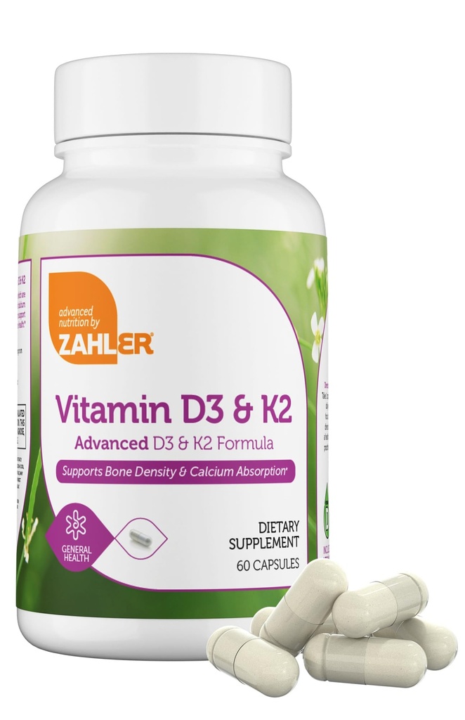 Zahler Vitamin D3 5000 i.e. K2 - Advanced Vitamin D3 K2 Formula - Gostota kosti in kalcij Absorpcija - Kosher Vegetarian MK7 Vitamin K2 D3 Vitamin dodatek - VIT D3 K2, Vitamin D K2 (60 kapsul)