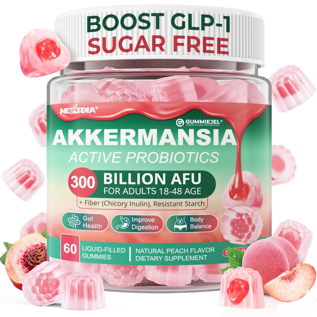 Akkermansia Probiotiki Gumiji s prebiotiki Fiber, 300 milijard AFU Akkermansia Muciniphila, s polifenolnimi sadeži, Odporni škrob, Vitamin A D3 B2 za presnovo, Prebavne motnje in Gut zdravje, 1Pack