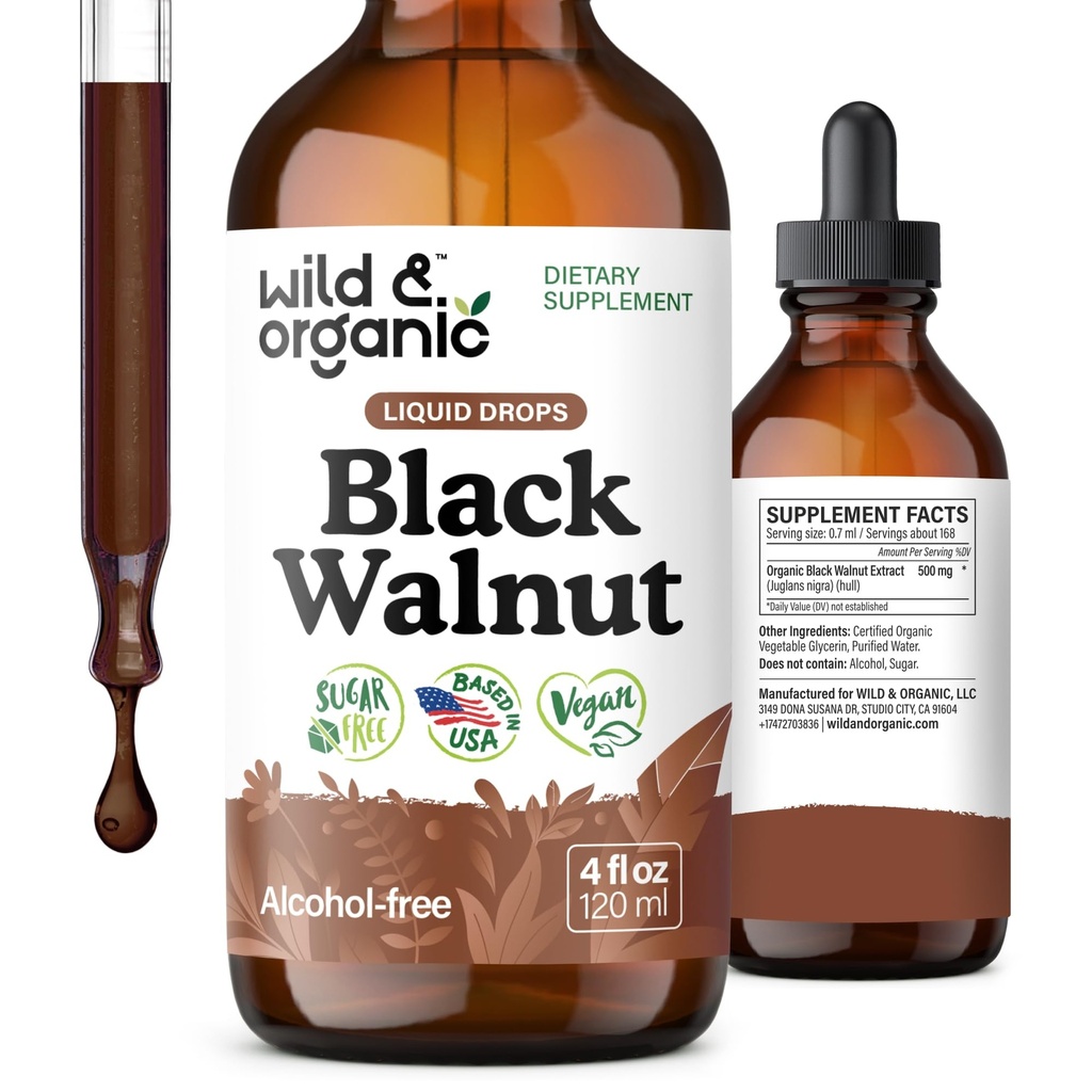 Divji & organski črni orešček Tinktura - Detox Cleanse w/Black Walnut Hull Extract - Zeliščni dodatek za Gut Cleanse Detox in prebavni dobro počutje - Vegan, sladkor in alkohol brez - 4 fl oz