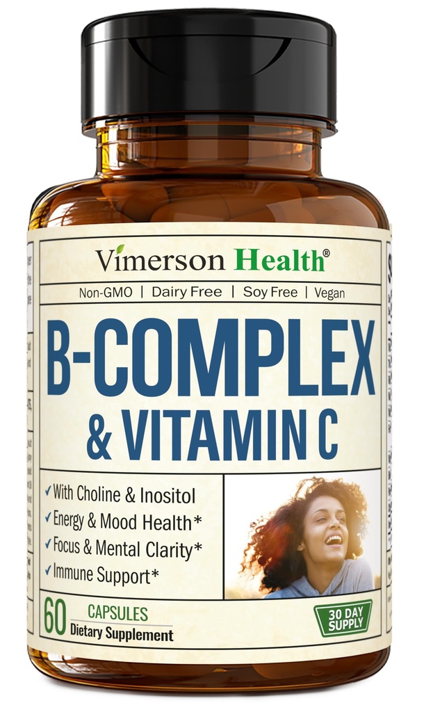 Vitamin B Kompleks z VIT C in folno kislino (Folat) - 8 Vitamini visoke jakosti B: B1, B2, B3, B5, B6, B7, Vitamin B12 + Biotin, Holin & Inositol. Aids Mood, Energija, Živčevje in Imunska podpora